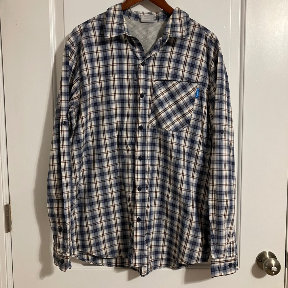 Columbia Mens Insect Blocker Plaid Long Sleeve Hiking Shirt Blue Brown Large